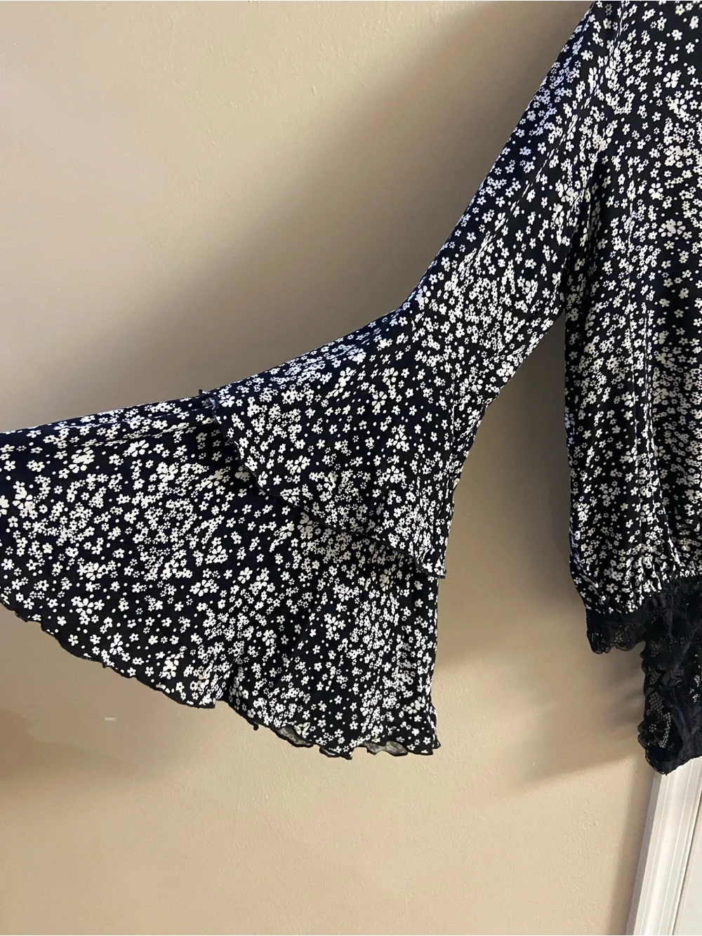 Free People Intimately Black White Ditzy Floral Ruffle Bell Sleeve Bodysuit Top